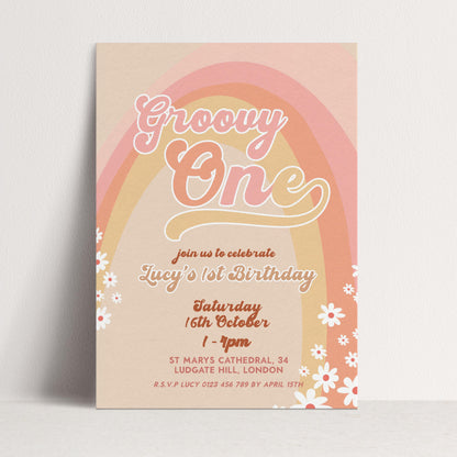 Groovy One Birthday Invitation, Retro First Birthday Party Invite, Boho Rainbow 1st Birthday, Editable Template GR78