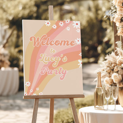 Groovy Party Welcome Sign Editable with Corjl | Retro Daisy Birthday Sign | 70s Style Printable Decor for Kids or Baby Shower GR78