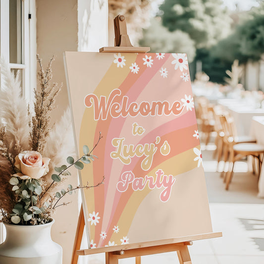 Groovy Party Welcome Sign Editable with Corjl | Retro Daisy Birthday Sign | 70s Style Printable Decor for Kids or Baby Shower GR78