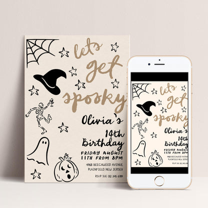 The image is a Halloween-themed birthday invitation featuring a witch's hat, spider web, skeleton, pumpkin, and other spooky elements.