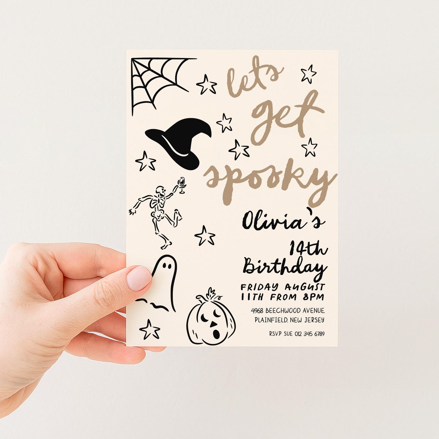 The image is a Halloween-themed birthday party invitation card. It features various spooky and festive elements such as a spider web, stars, a skeleton, a witch's hat, a pumpkin, and a ghost. The text on the card reads "Let's get spooky", "Olivia's", "14th Birthday", "FRIDAY AUGUST 11th FROM 8PM", "PLAINFIELD NEW JERSEY", and "RSVP 03-867-6969".