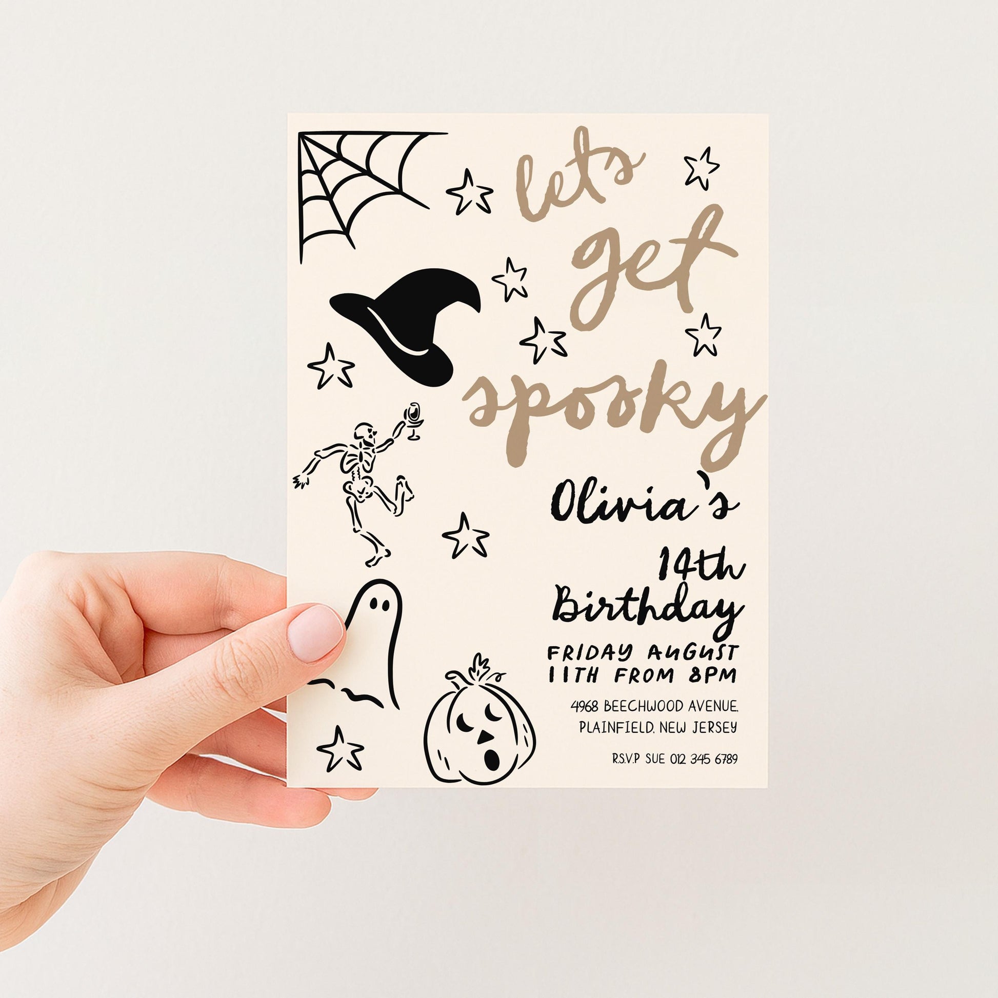 The image is a Halloween-themed birthday party invitation card. It features various spooky and festive elements such as a spider web, stars, a skeleton, a witch's hat, a pumpkin, and a ghost. The text on the card reads "Let's get spooky", "Olivia's", "14th Birthday", "FRIDAY AUGUST 11th FROM 8PM", "PLAINFIELD NEW JERSEY", and "RSVP 03-867-6969".