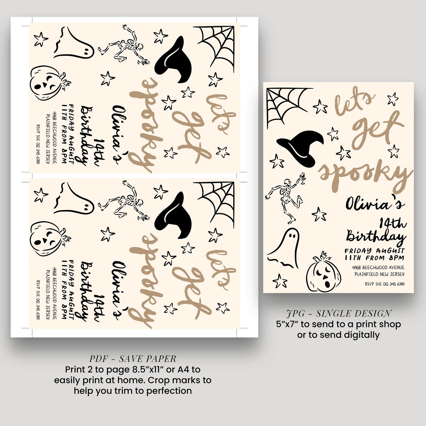 a Halloween-themed invitation for a birthday party, featuring various spooky and ghost-related elements such as bats, cobwebs, and a skeleton.