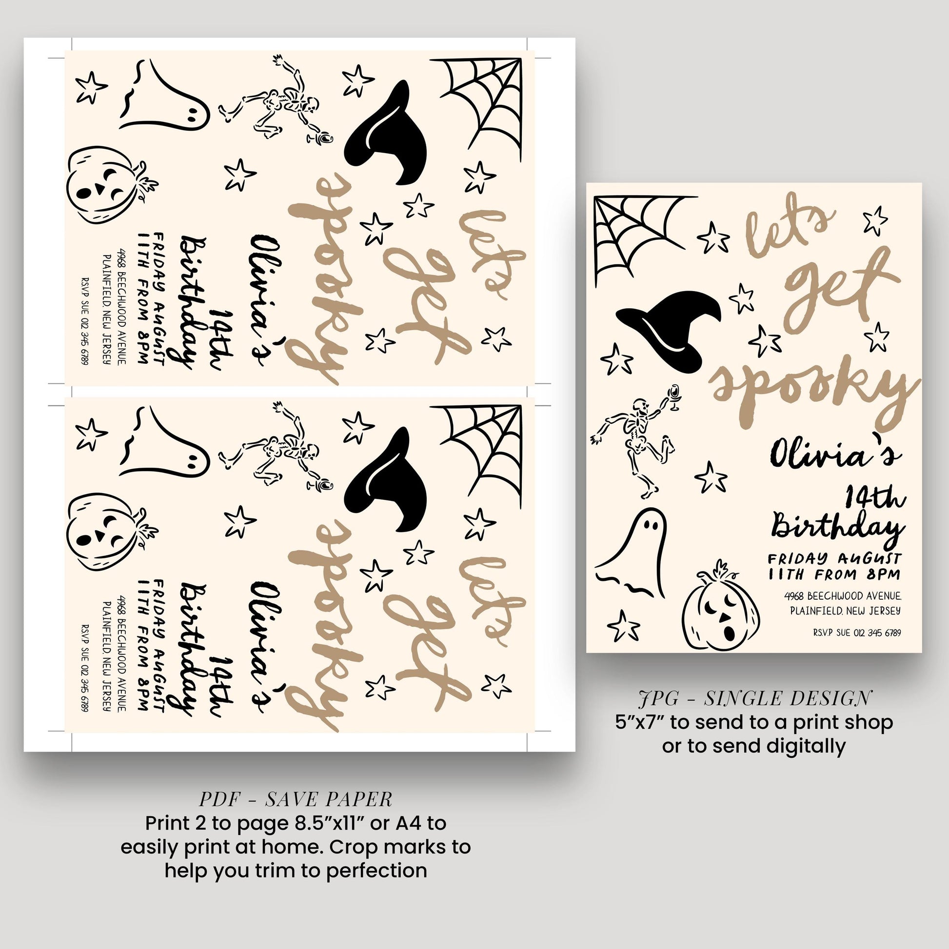 a Halloween-themed invitation for a birthday party, featuring various spooky and ghost-related elements such as bats, cobwebs, and a skeleton.