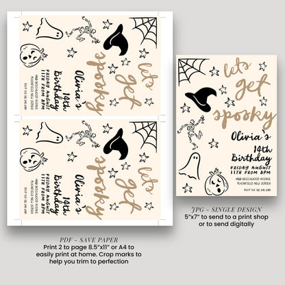a Halloween-themed invitation for a birthday party, featuring various spooky and ghost-related elements such as bats, cobwebs, and a skeleton.