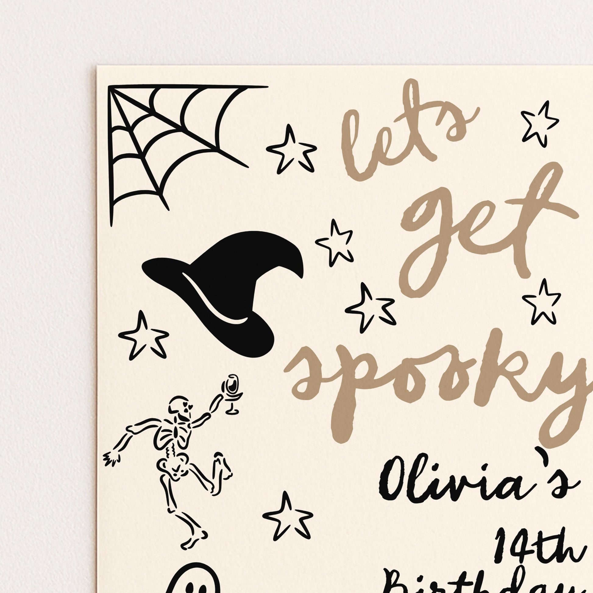a Halloween-themed party invitation with various spooky and ghost-related elements, including a spider web, stars, a skeleton, and a witch's hat.