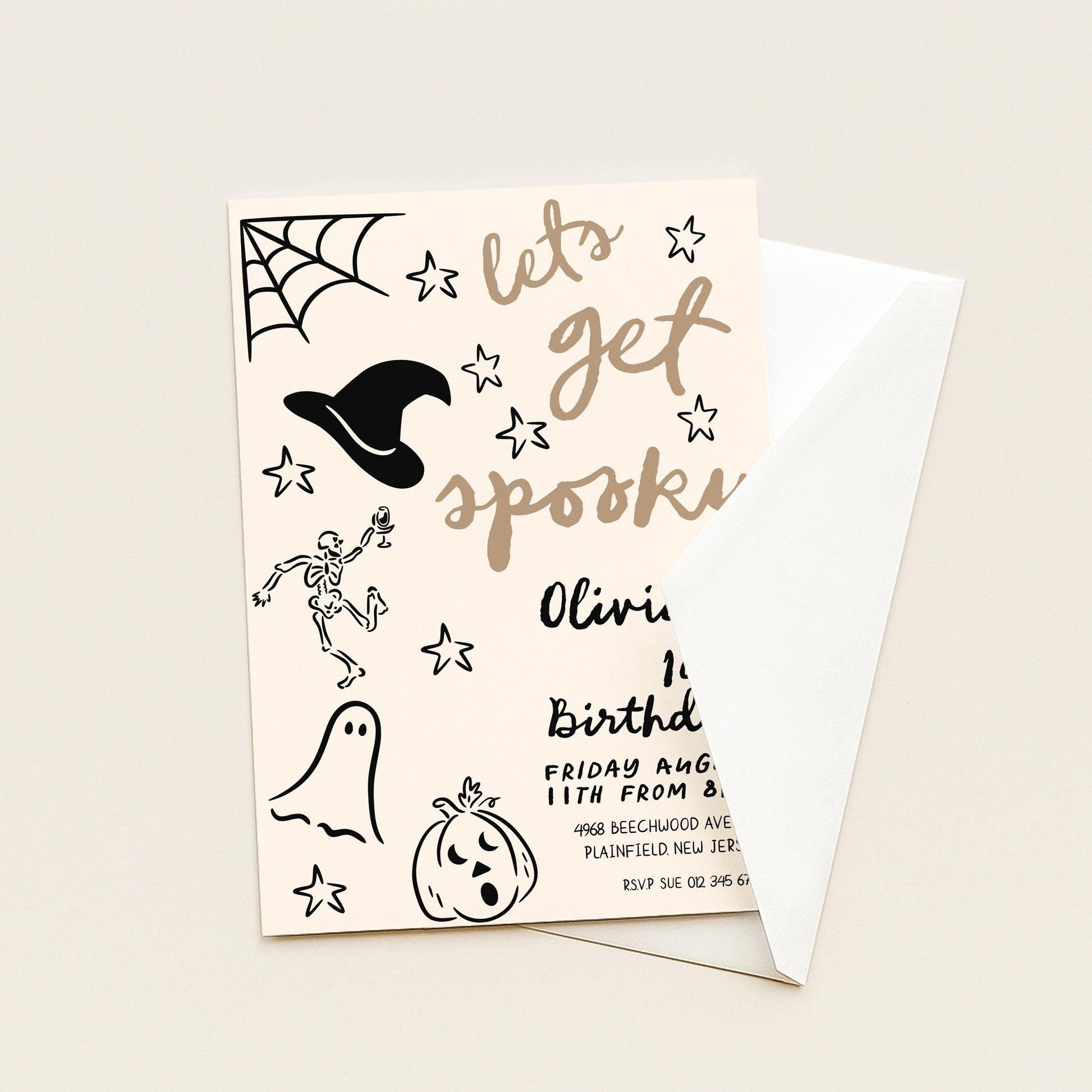 The image is a Halloween-themed invitation card with various spooky and festive elements, such as a spider web, stars, a witch's hat, a skeleton, a ghost, and a pumpkin. The text on the card reads "Let's get spooky" and includes details about an event, such as the date, time, location, and RSVP information.