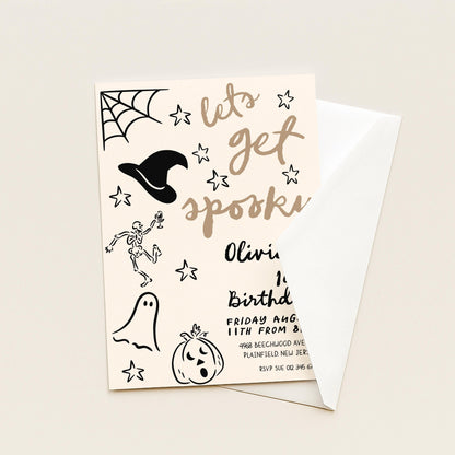 The image is a Halloween-themed invitation card with various spooky and festive elements, such as a spider web, stars, a witch's hat, a skeleton, a ghost, and a pumpkin. The text on the card reads "Let's get spooky" and includes details about an event, such as the date, time, location, and RSVP information.