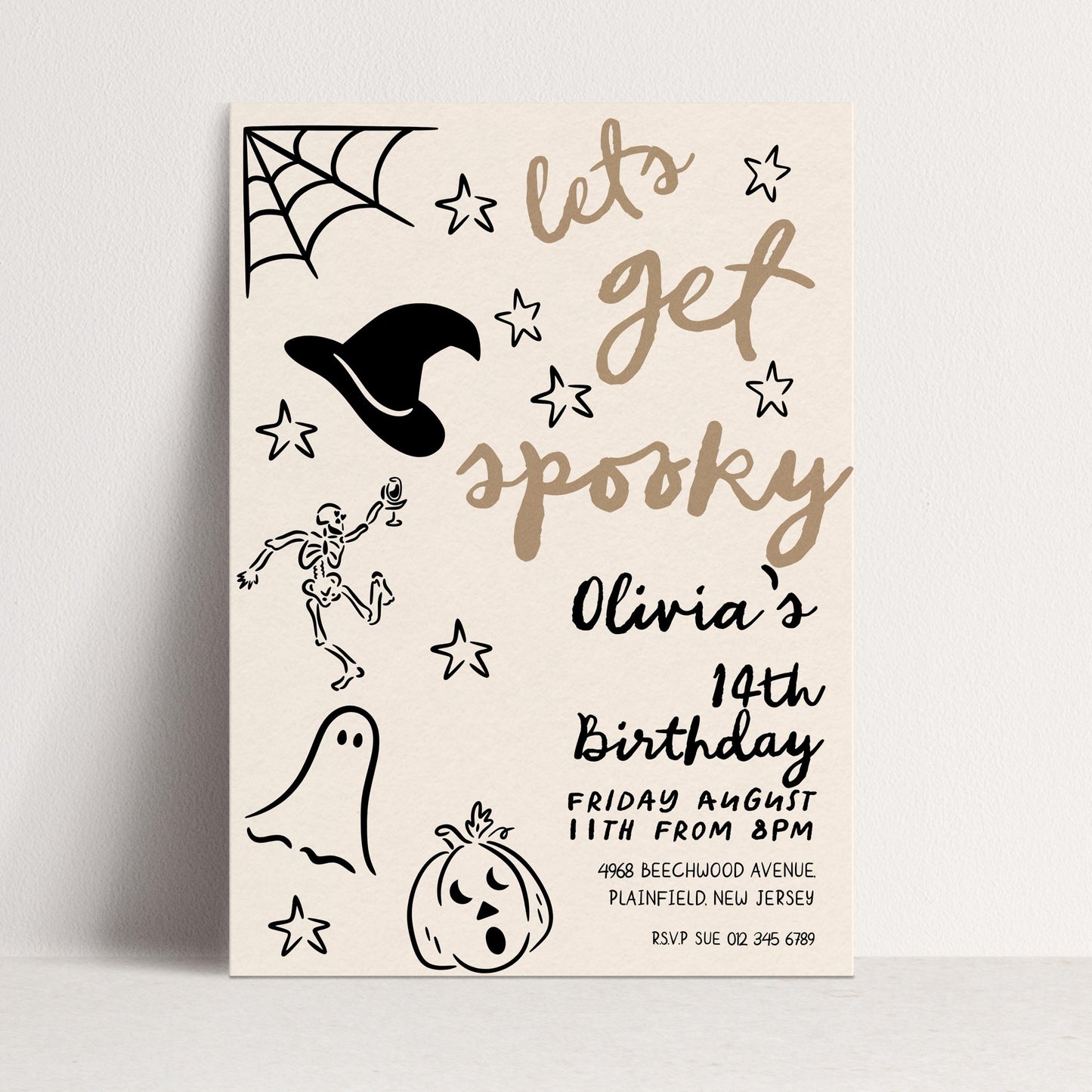 The image is a Halloween-themed birthday party invitation featuring various spooky and festive elements such as a spider web, stars, a skeleton, a witch's hat, a pumpkin, and a ghost.