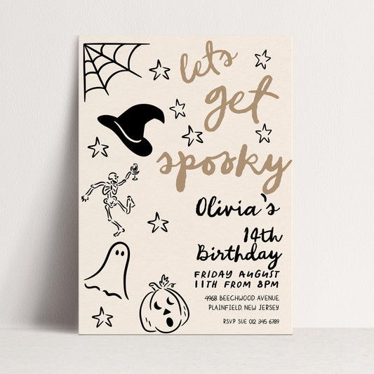 The image is a Halloween-themed birthday party invitation featuring various spooky and festive elements such as a spider web, stars, a skeleton, a witch's hat, a pumpkin, and a ghost.
