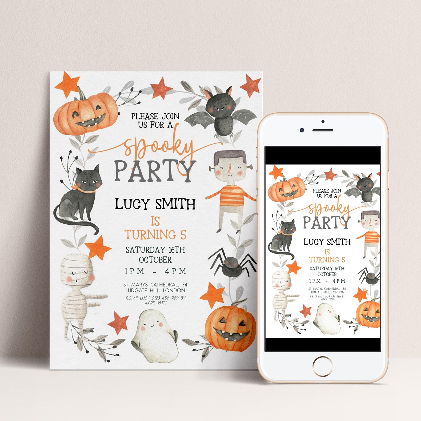 The image is a Halloween-themed invitation for a party, featuring various spooky and festive elements such as pumpkins, bats, cats, and ghostly figures.