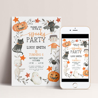 The image is a Halloween-themed invitation for a party, featuring various spooky and festive elements such as pumpkins, bats, cats, and ghostly figures.