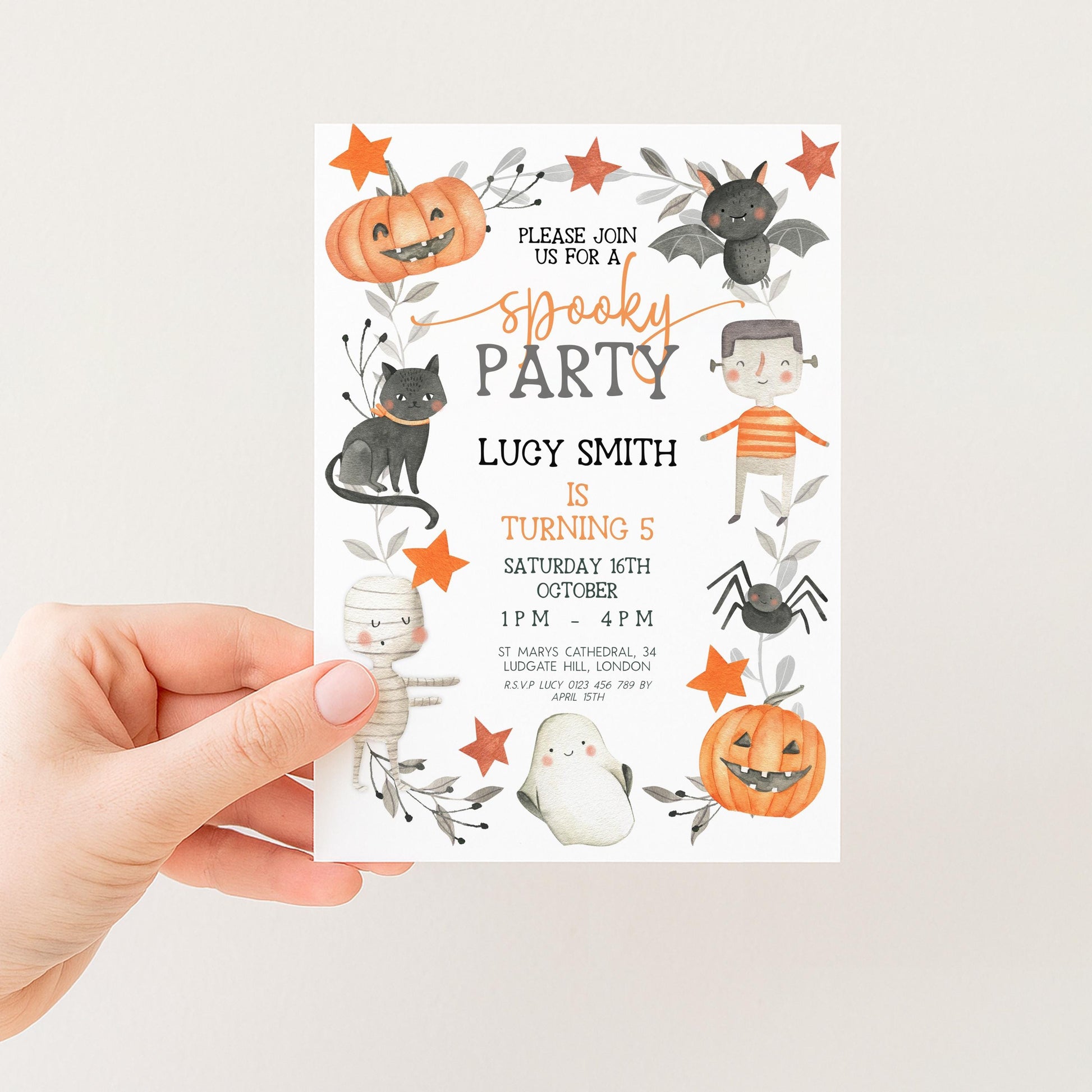 The image is a Halloween-themed invitation card featuring various spooky and festive elements such as bats, pumpkins, cats, and ghostly figures.