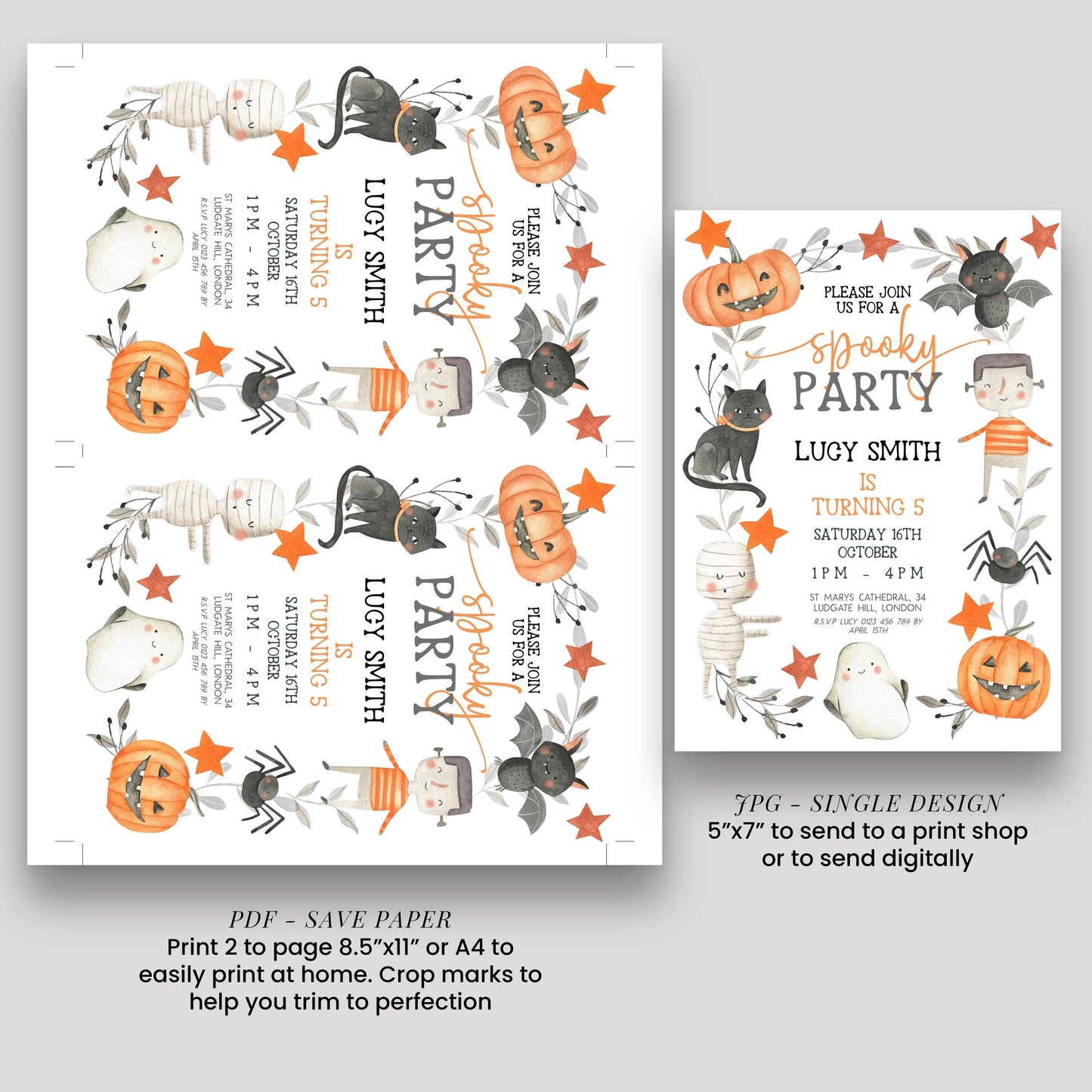 Halloween party invitation for Lucy Smith turning 5 on Saturday, October 16th at 5:30 PM at St. James's Church in Lutwyche, London.