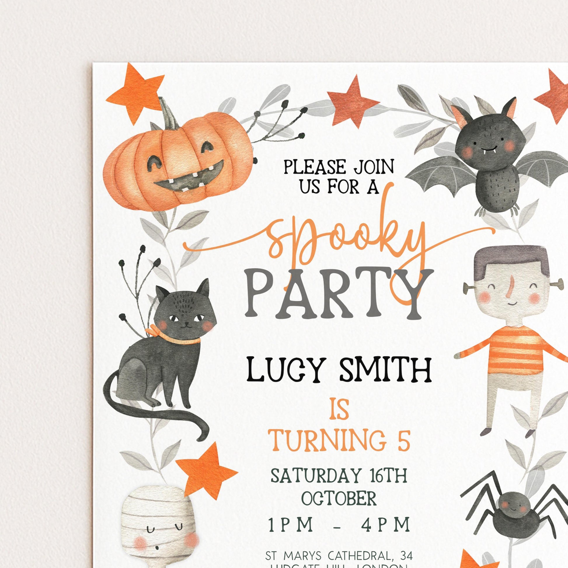 The image is a birthday party invitation featuring a spooky theme with illustrations of bats, a pumpkin, a cat, and a young boy.