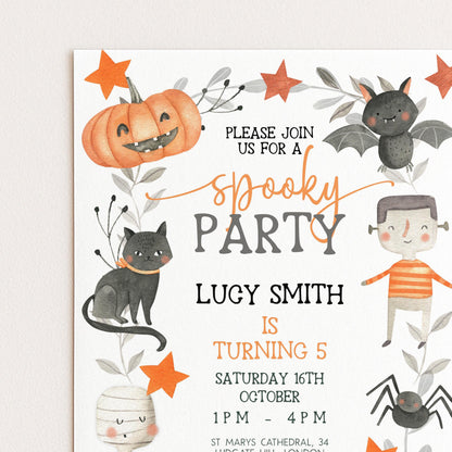 The image is a birthday party invitation featuring a spooky theme with illustrations of bats, a pumpkin, a cat, and a young boy.
