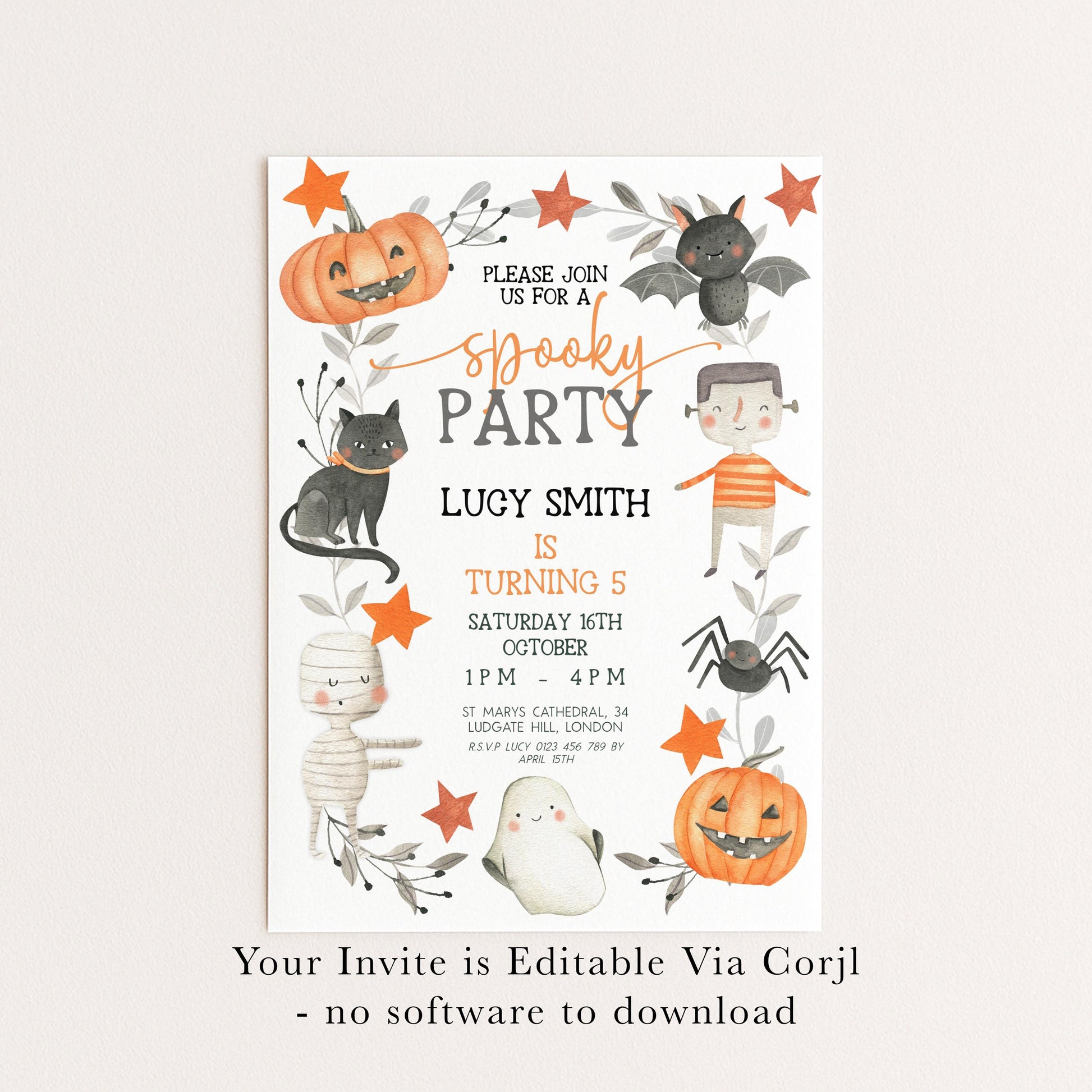 The image is a Halloween-themed invitation for a party, featuring illustrations of pumpkins, bats, a cat, a ghost, and a skeleton.