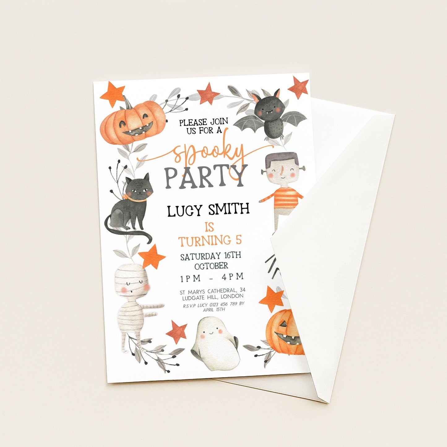 The image is a Halloween-themed invitation card for a party, featuring various spooky and festive elements such as bats, pumpkins, and other Halloween decorations.