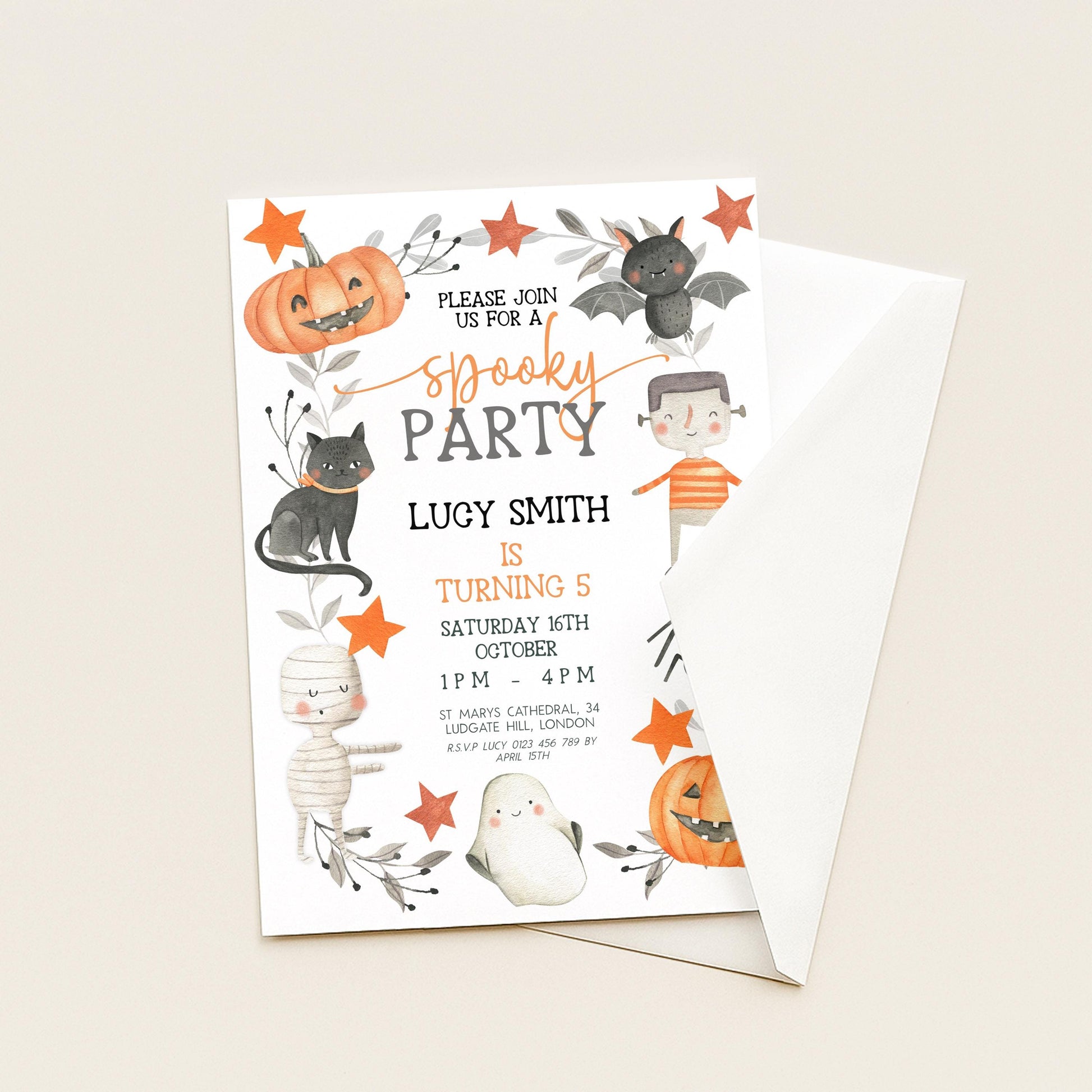 The image is a Halloween-themed invitation card for a party, featuring various spooky and festive elements such as bats, pumpkins, and other Halloween decorations.