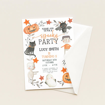 The image is a Halloween-themed invitation card for a party, featuring various spooky and festive elements such as bats, pumpkins, and other Halloween decorations.