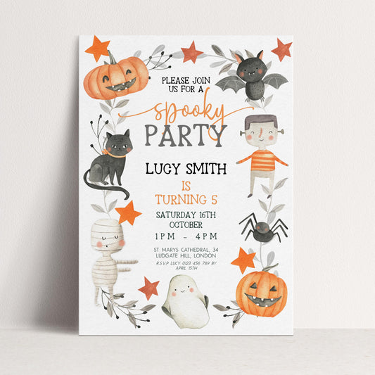 The image is a Halloween-themed invitation for a party, featuring various spooky and festive elements such as bats, pumpkins, cats, and ghostly figures.