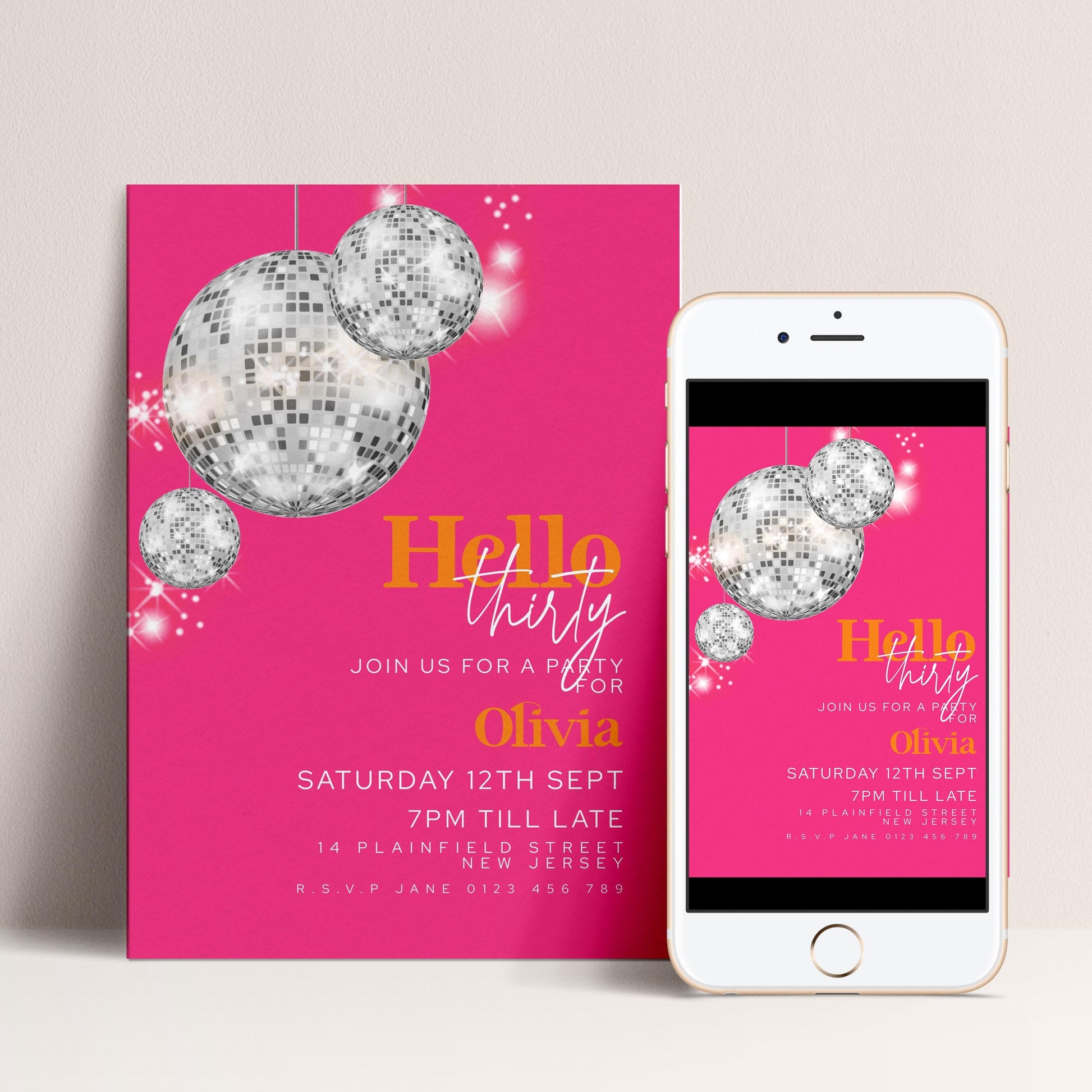 The image is a pink invitation card for a party, featuring disco balls and text inviting people to join for a party.