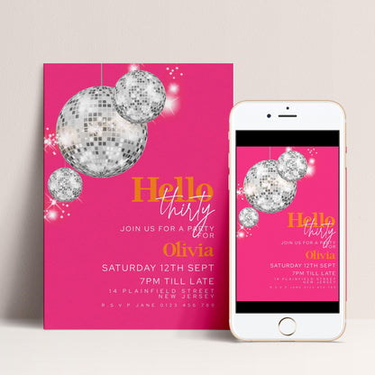 The image is a pink invitation card for a party, featuring disco balls and text inviting people to join for a party.
