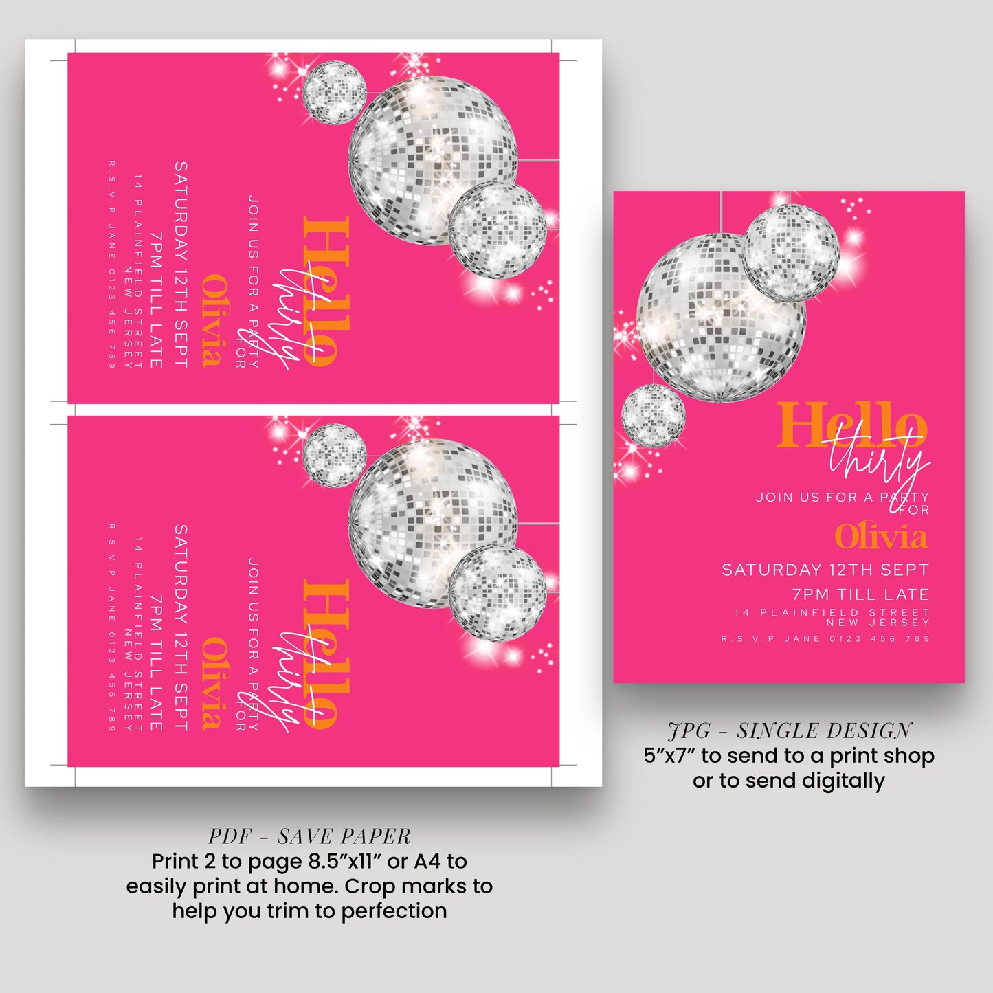 The image is a collage of three images, each featuring a pink background with silver disco balls and text. The text includes details about an event, such as a party or disco night, and instructions for sending a print or digital copy of the invitation.