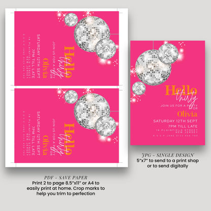 The image is a collage of three images, each featuring a pink background with silver disco balls and text. The text includes details about an event, such as a party or disco night, and instructions for sending a print or digital copy of the invitation.