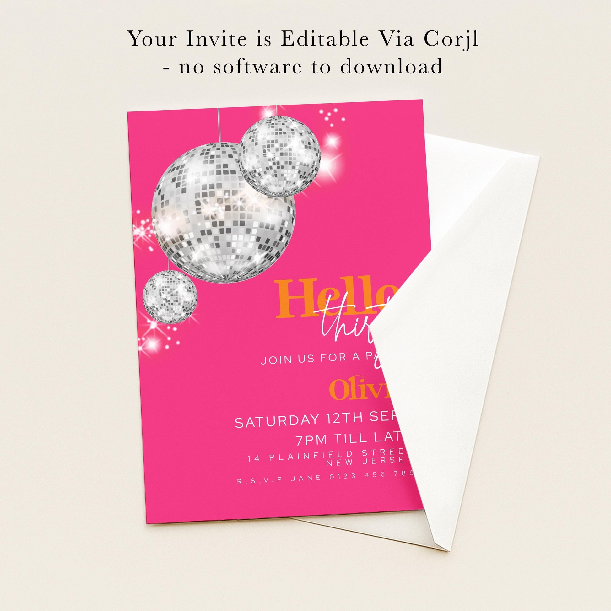 The image is a pink invitation card with disco balls and text, inviting guests to a party.
