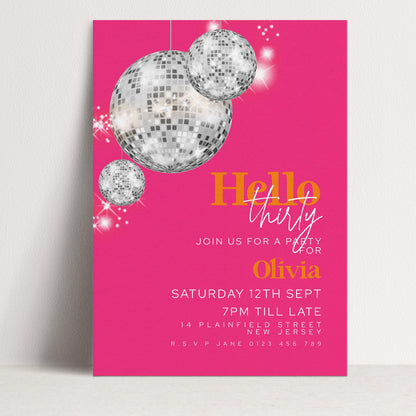 The image is a pink invitation card for a party, featuring disco balls and text inviting guests to a party for a 30th birthday celebration.