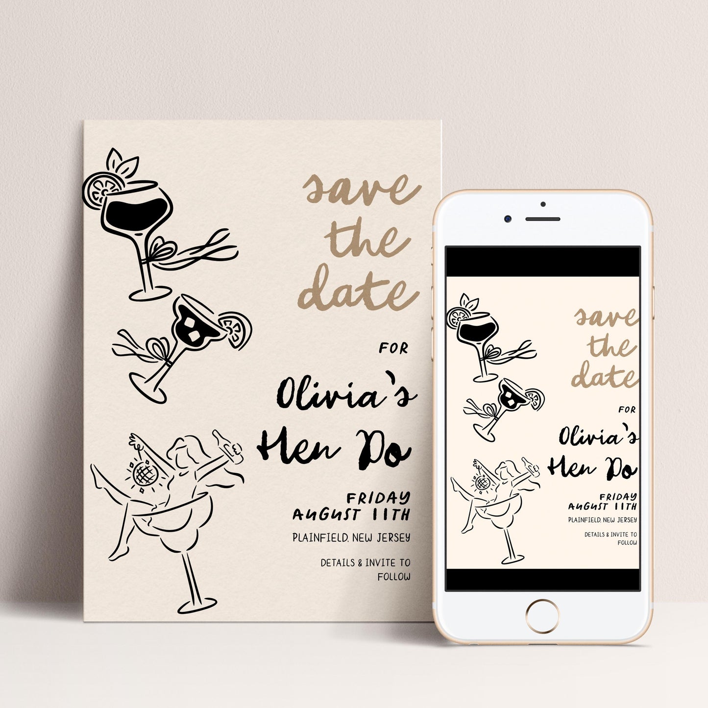 Hen Do Save the Date Invitation Cocktail Theme, Bachelorette Party Invite, Girls Night Out, Editable Template