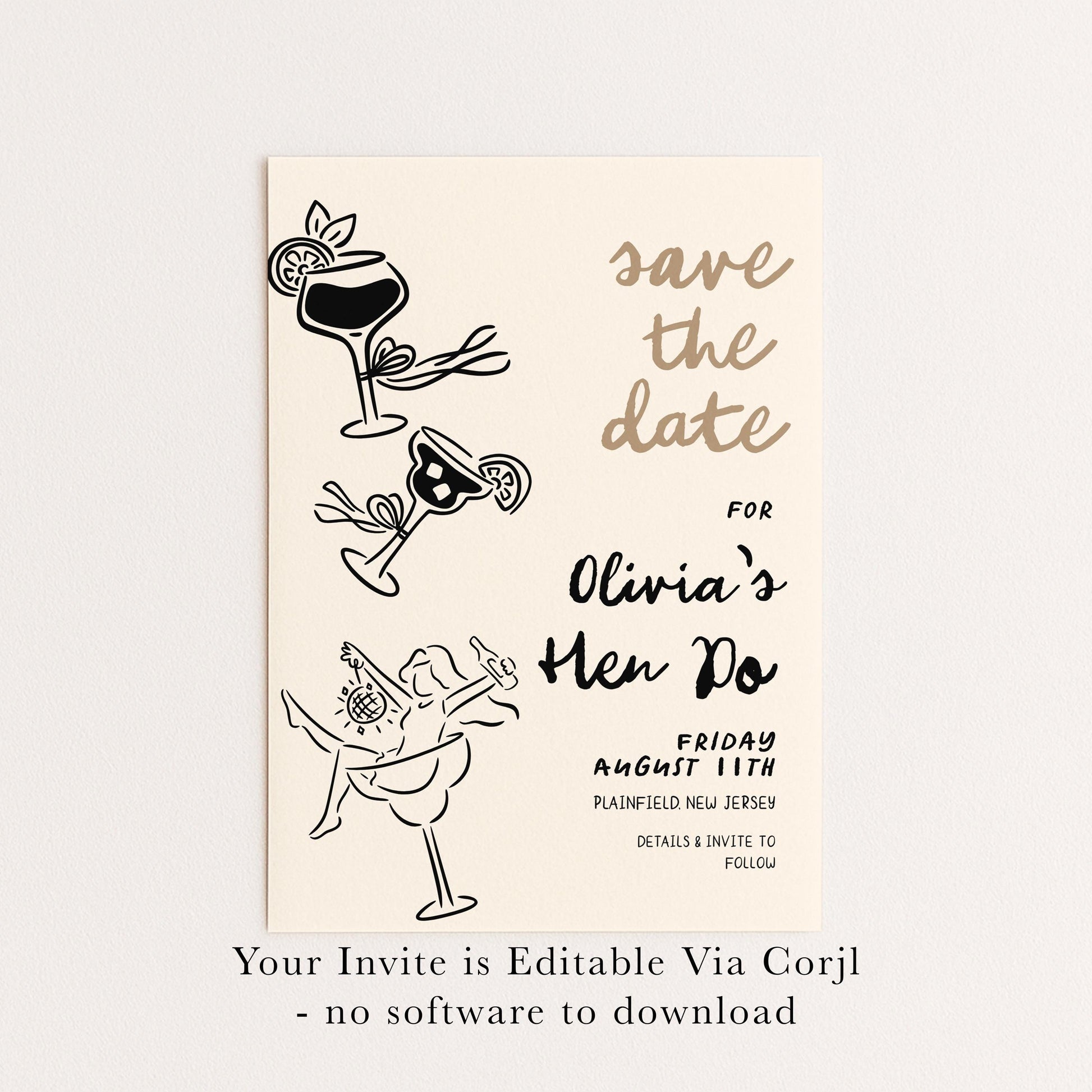 Hen Do Save the Date Invitation Cocktail Theme, Bachelorette Party Invite, Girls Night Out, Editable Template