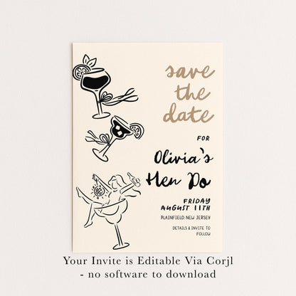Hen Do Save the Date Invitation Cocktail Theme, Bachelorette Party Invite, Girls Night Out, Editable Template