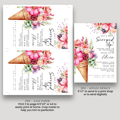 two pages of a floral design, including a cone-shaped flower arrangement and text. The design is intended for use in a wedding invitation or other event-related materials.