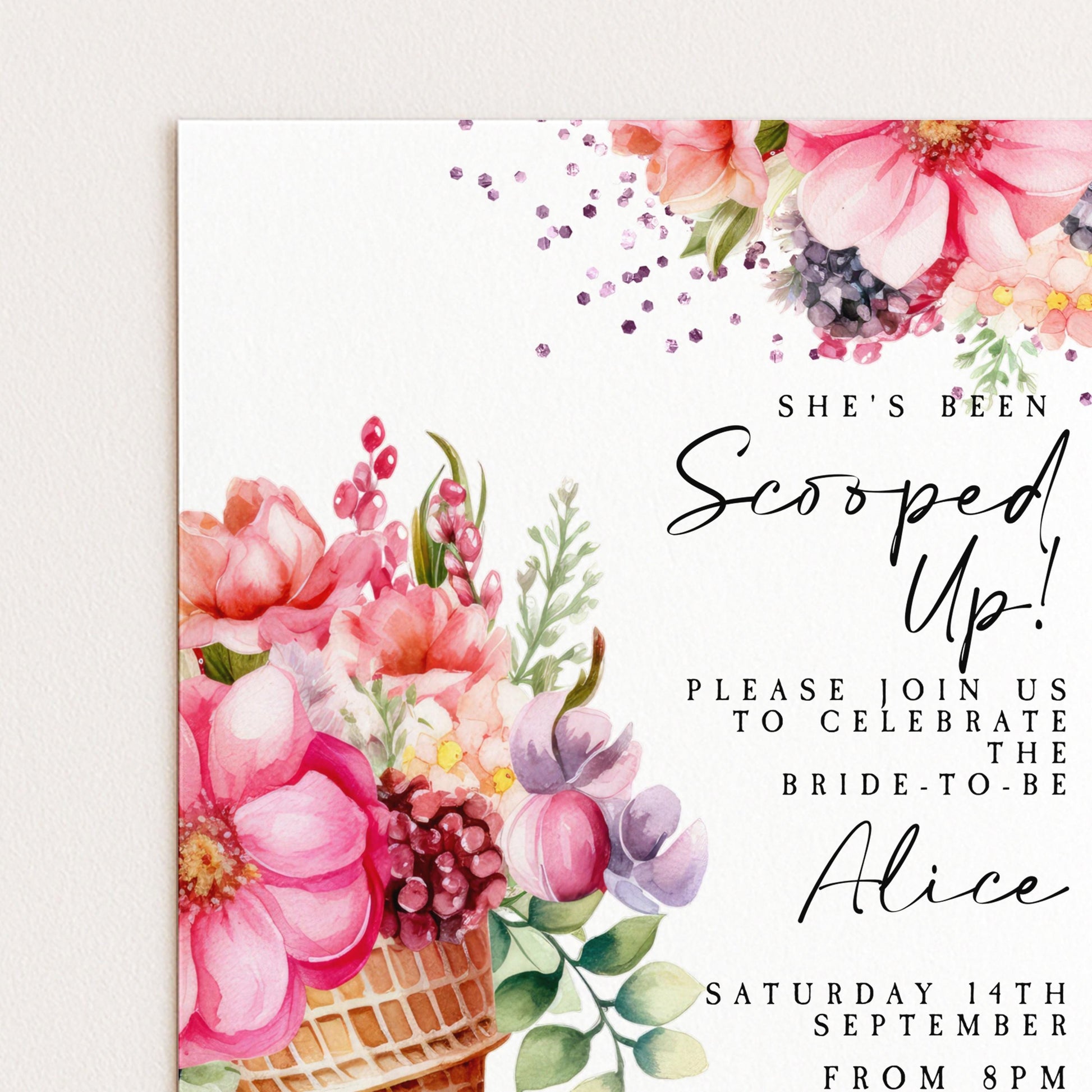 The image is a wedding invitation featuring a floral design with pink and purple flowers, along with text inviting guests to a celebration of the bride-to-be Alice.
