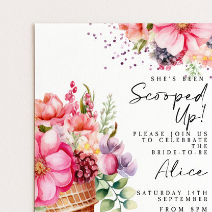 The image is a wedding invitation featuring a floral design with pink and purple flowers, along with text inviting guests to a celebration of the bride-to-be Alice.