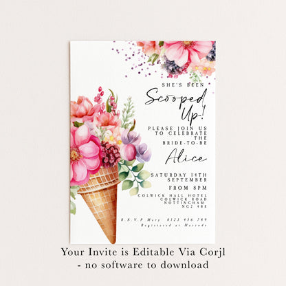 The image is a wedding invitation featuring a floral design with pink and purple flowers, and it invites guests to a wedding celebration.