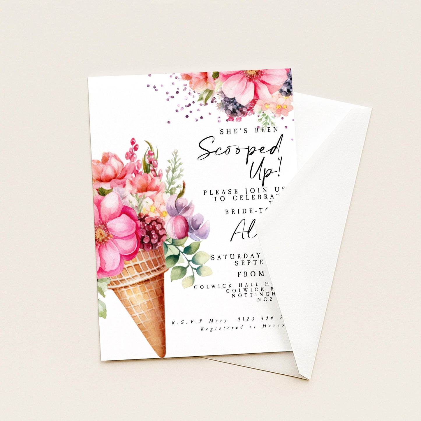 A white invitation card with a floral design and text inviting guests to a wedding.
