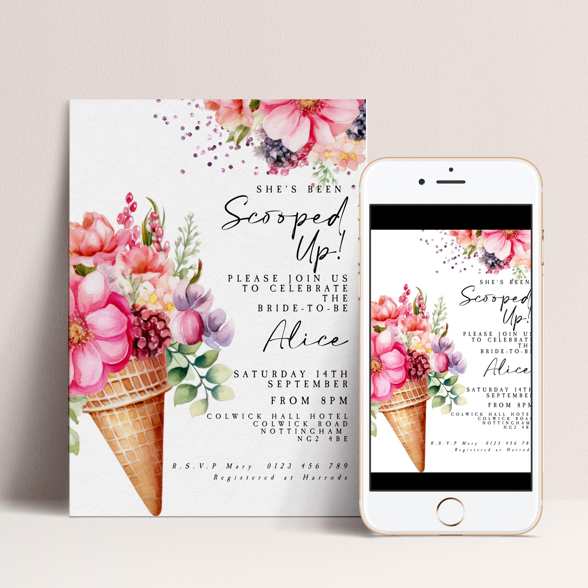 A printed invitation card and a smartphone displaying the same invitation design.