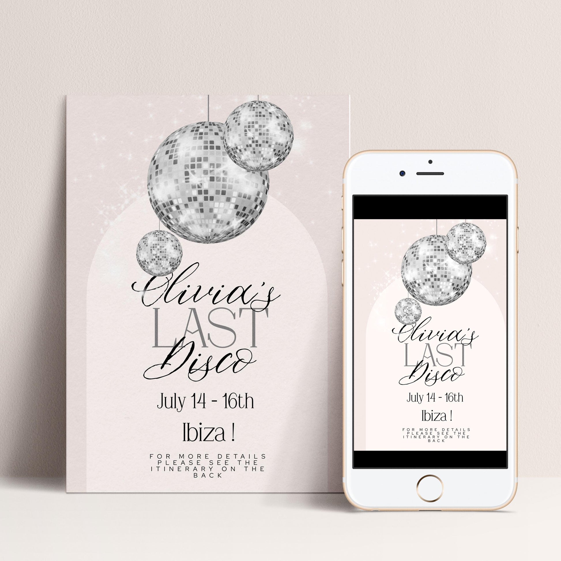 Last Disco Bachelorette Invitation with Itinerary Template Editable Hen Party Weekend Invite Pink Disco Ball Ibiza Theme Digital Download