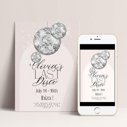 Last Disco Bachelorette Invitation with Itinerary Template Editable Hen Party Weekend Invite Pink Disco Ball Ibiza Theme Digital Download