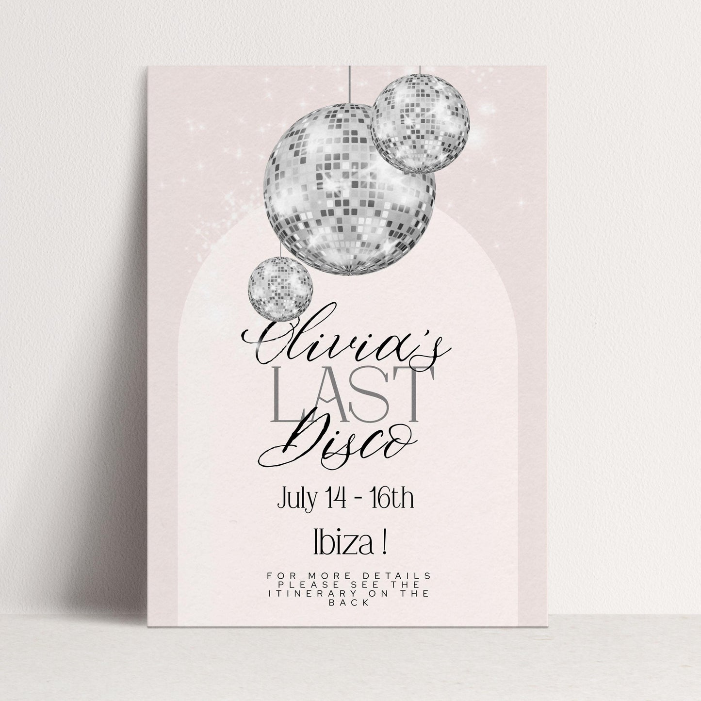Last Disco Bachelorette Invitation with Itinerary Template Editable Hen Party Weekend Invite Pink Disco Ball Ibiza Theme Digital Download