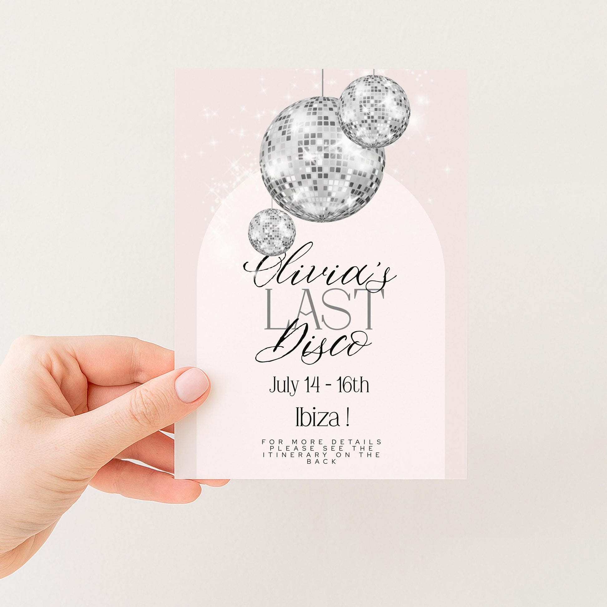 Last Disco Bachelorette Invitation with Itinerary Template Editable Hen Party Weekend Invite Pink Disco Ball Ibiza Theme Digital Download