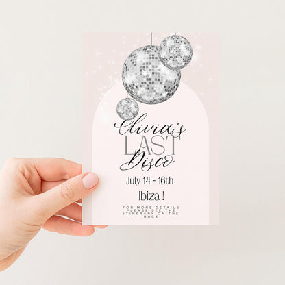 Last Disco Bachelorette Invitation with Itinerary Template Editable Hen Party Weekend Invite Pink Disco Ball Ibiza Theme Digital Download