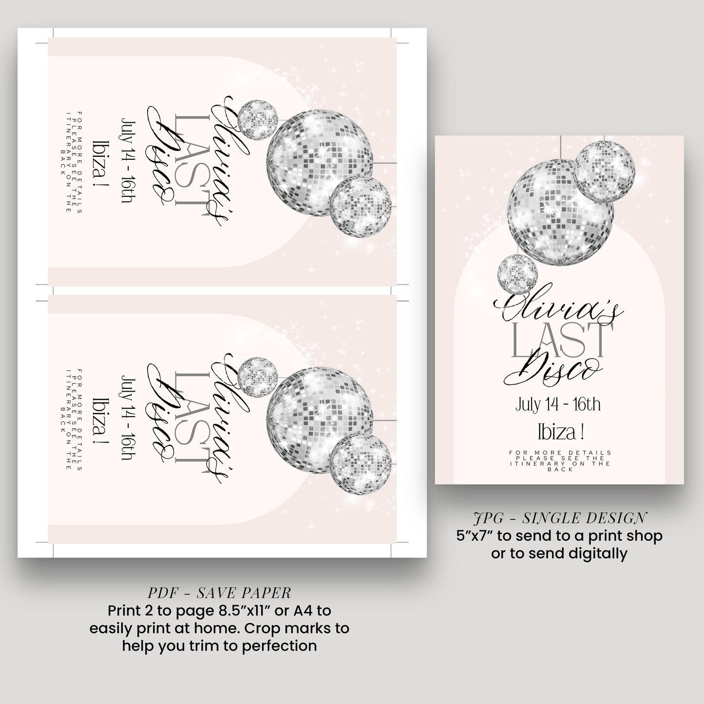 Last Disco Bachelorette Invitation with Itinerary Template Editable Hen Party Weekend Invite Pink Disco Ball Ibiza Theme Digital Download