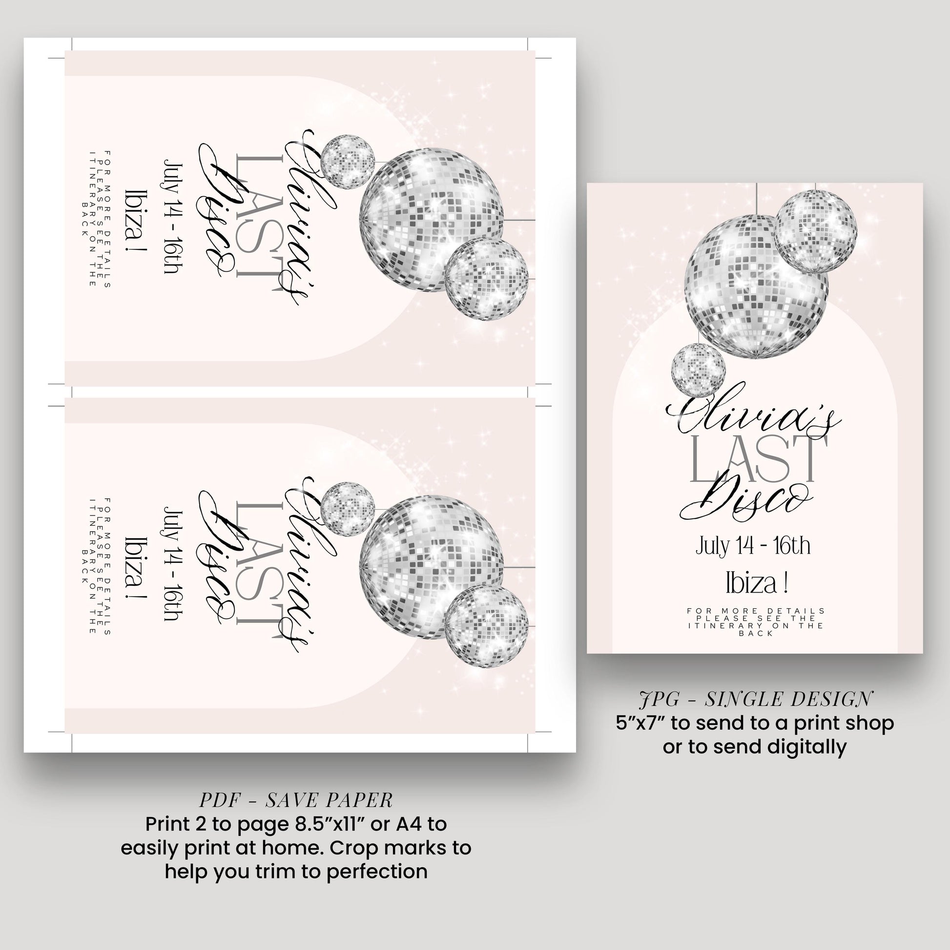Last Disco Bachelorette Invitation with Itinerary Template Editable Hen Party Weekend Invite Pink Disco Ball Ibiza Theme Digital Download