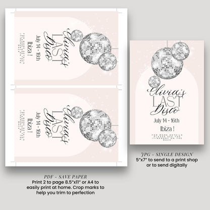 Last Disco Bachelorette Invitation with Itinerary Template Editable Hen Party Weekend Invite Pink Disco Ball Ibiza Theme Digital Download