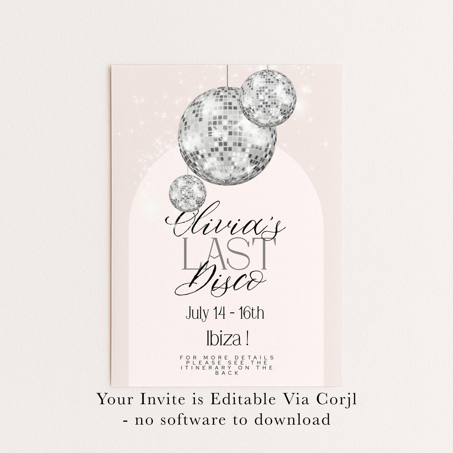 Last Disco Bachelorette Invitation with Itinerary Template Editable Hen Party Weekend Invite Pink Disco Ball Ibiza Theme Digital Download