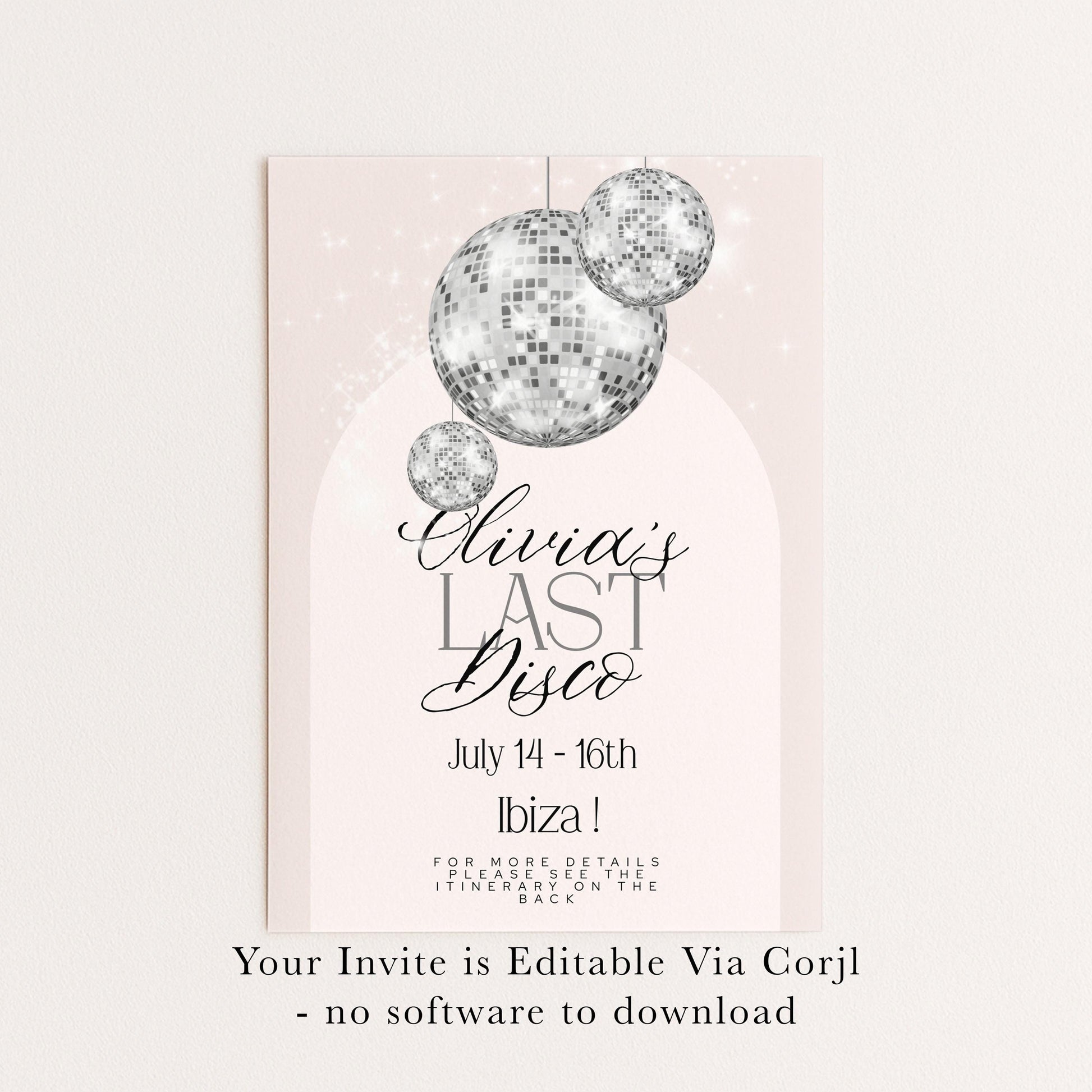 Last Disco Bachelorette Invitation with Itinerary Template Editable Hen Party Weekend Invite Pink Disco Ball Ibiza Theme Digital Download